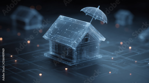 A digital house protected by an umbrella represents home insurance property security risk coverage and residential protection
