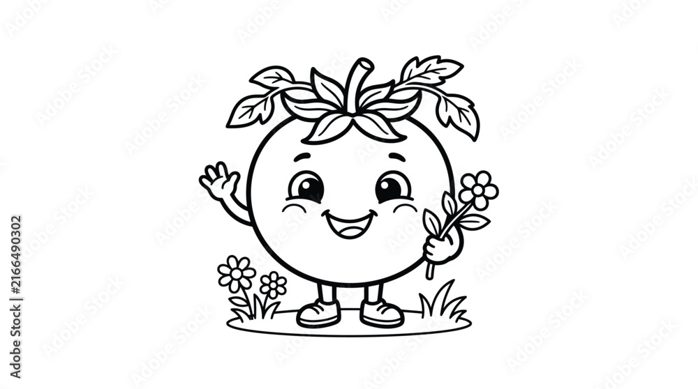 Fototapeta premium Cute Tomato Character Coloring Page For Kids Vector Illustration