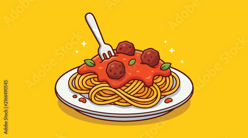 Cartoon illustration of delicious spaghetti with meatballs and tomato sauce on a plate.