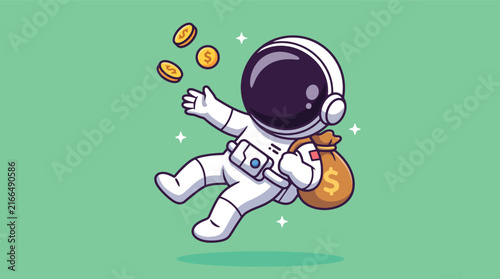Cute astronaut floating in space with a money bag and gold coins.