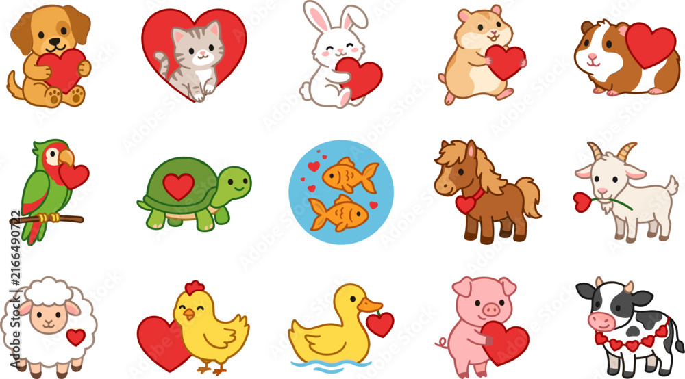 Fototapeta premium Cute Cartoon Farm Pets Valentine Hearts Set Dog Cat Rabbit Hamster Guinea Pig Parrot Turtle Goldfish Horse Goat Sheep Chicken Duck Pig Cow