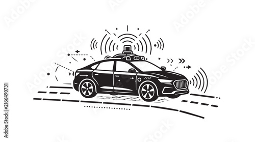 Stylized lineart illustration of an autonomous car with sensors and radar signals.