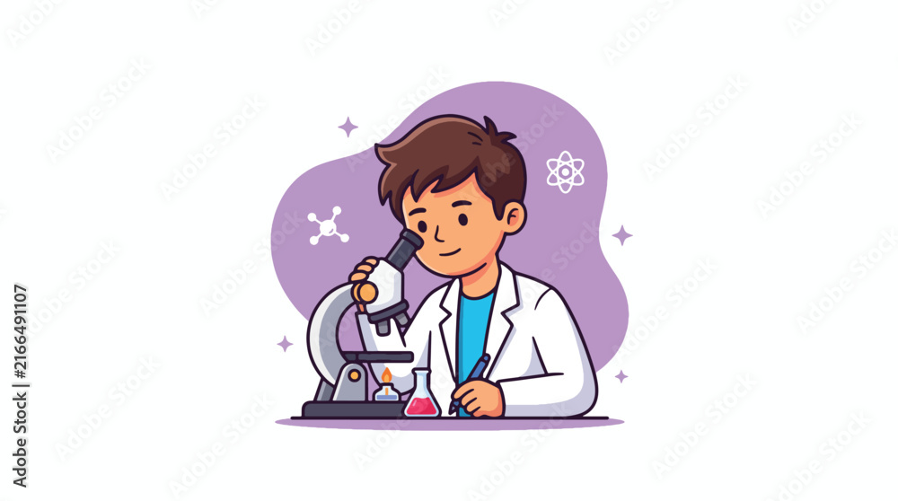 Fototapeta premium Young boy scientist looking through a microscope in a laboratory.