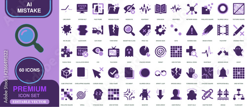 Set of 60 purple icons showcasing AI mistake and error concepts with AI mistake glitch symbols bug icons vector set graphic design assets UI elements editable vector system error
