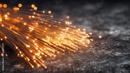 Fiber optic strands transmit glowing signals representing high speed communication digital connectivity and modern data infrastructure
