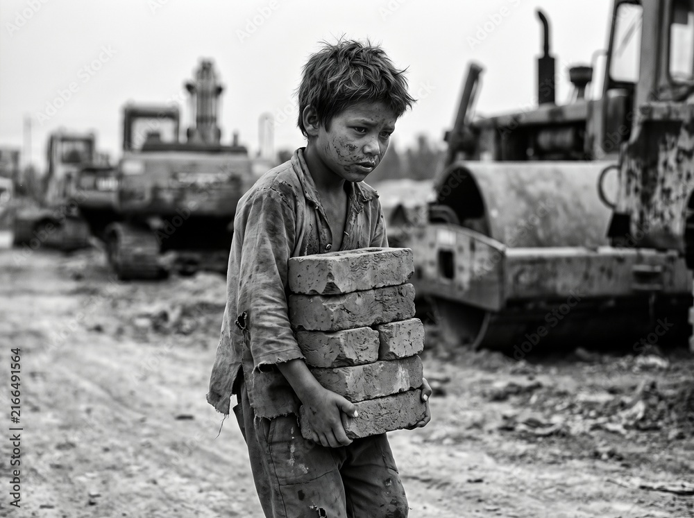 Fototapeta premium Exhausted young boy carrying heavy red clay bricks at construction site
