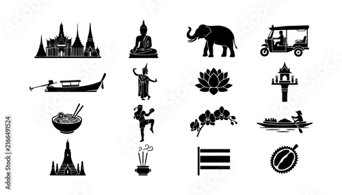 Fotografía Thailand culture and travel icons set featuring black silhouettes of temples, Buddha, elephant, tuk-tuk, and Muay Thai