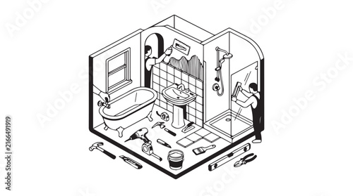 Small isometric bathroom scene showing people engaging in daily routines inside a cozy home.