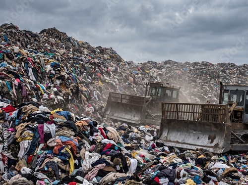 Massive mountain sized landfill made entirely of discarded colorful clothing textiles