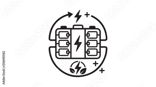 Circular electrical safety emblem featuring a battery, lightning bolt and flame motifs in a schematic design.