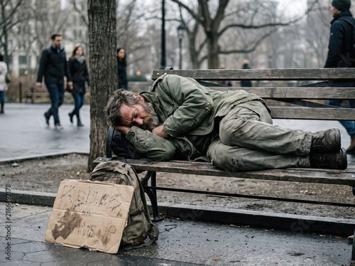 Homeless man wearing worn military jacket sleeping on wooden park bench