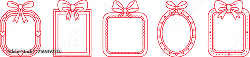 фотографія Cute pink ribbon bow frame set cute decorative line border gift card photo frame isolated on white background stock vector