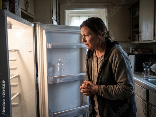 Worried mother looking inside completely empty refrigerator