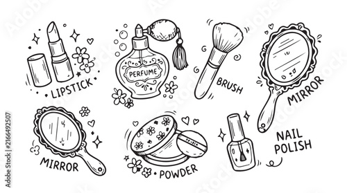 Vibrant collection of makeup doodles including lipstick, powder, brushes and mirrors for beauty themed graphics.