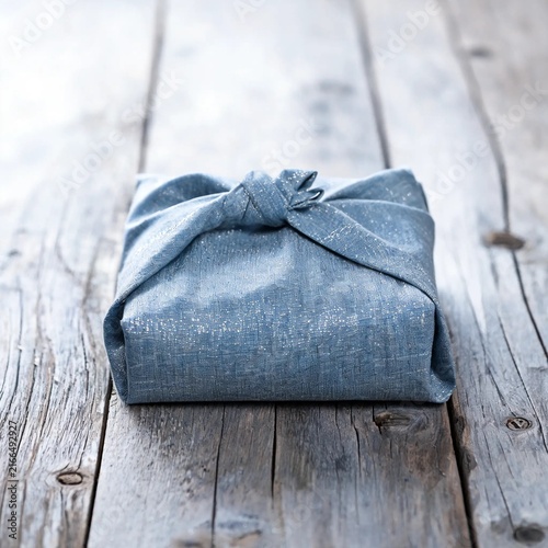 Fabric Furoshiki Wrapped Gift on Rustic Wooden Boards
