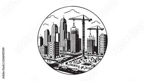 Monochrome city skyline under construction with cranes and tall buildings in an urban landscape.