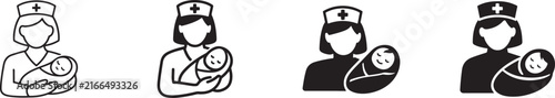Black and white midwife icon set in multiple styles for maternity care, childbirth and healthcare.