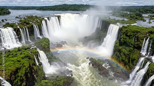 Powerful water cascades of iguazu falls with vibrant rainbow appearing