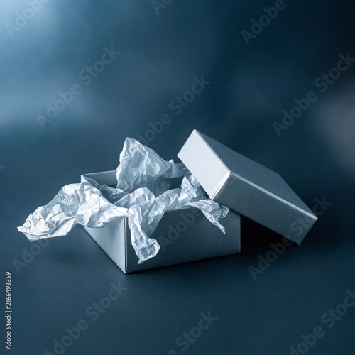Open Gift Box With Tissue Paper Spilling Out On Dark Moody Backdrop
