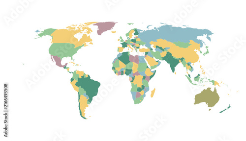 Colorful World Map Illustration Showing Countries and Continents, Multicolor Geographic Distribution, International Borders and Global Cartography for Travel
