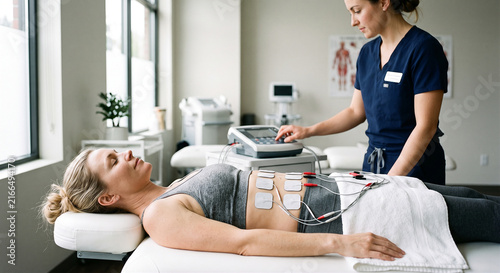 Female practitioner setting up an electrotherapy machine for a woman lying down with electrode pads on her abdomen.