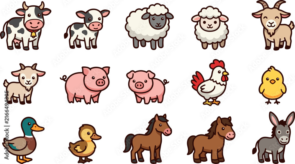 Obraz premium Cute Cartoon Farm Animals Set of 15 Kawaii Livestock Including Cow Calf Sheep Lamb Goat Kid Pig Piglet Chicken Chick Duck Duckling Horse Foal Donkey