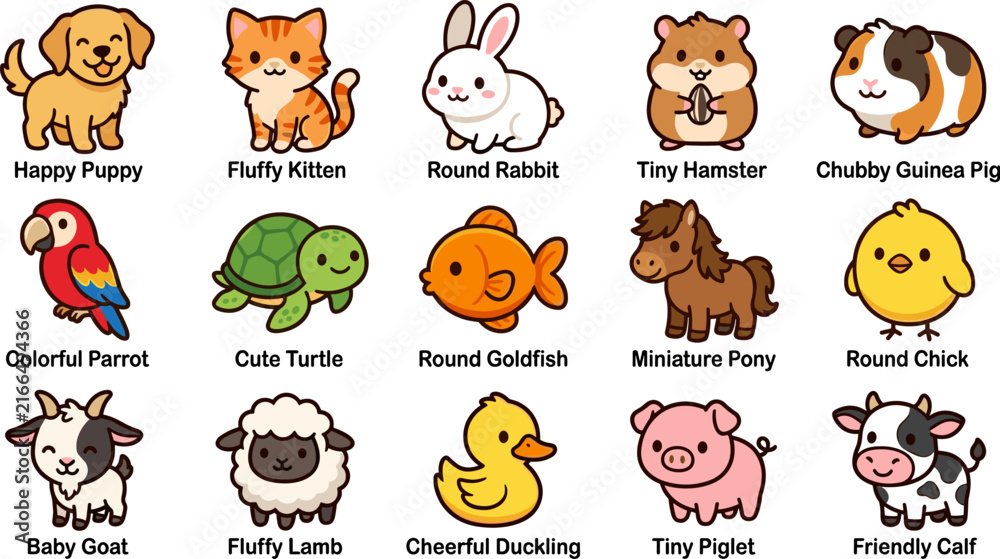 Obraz premium Cute Cartoon Farm Pets Collection with Labels Happy Puppy Fluffy Kitten Round Rabbit Tiny Hamster Guinea Pig Parrot Turtle Goldfish Pony Chick Goat Lamb Duckling Piglet Calf