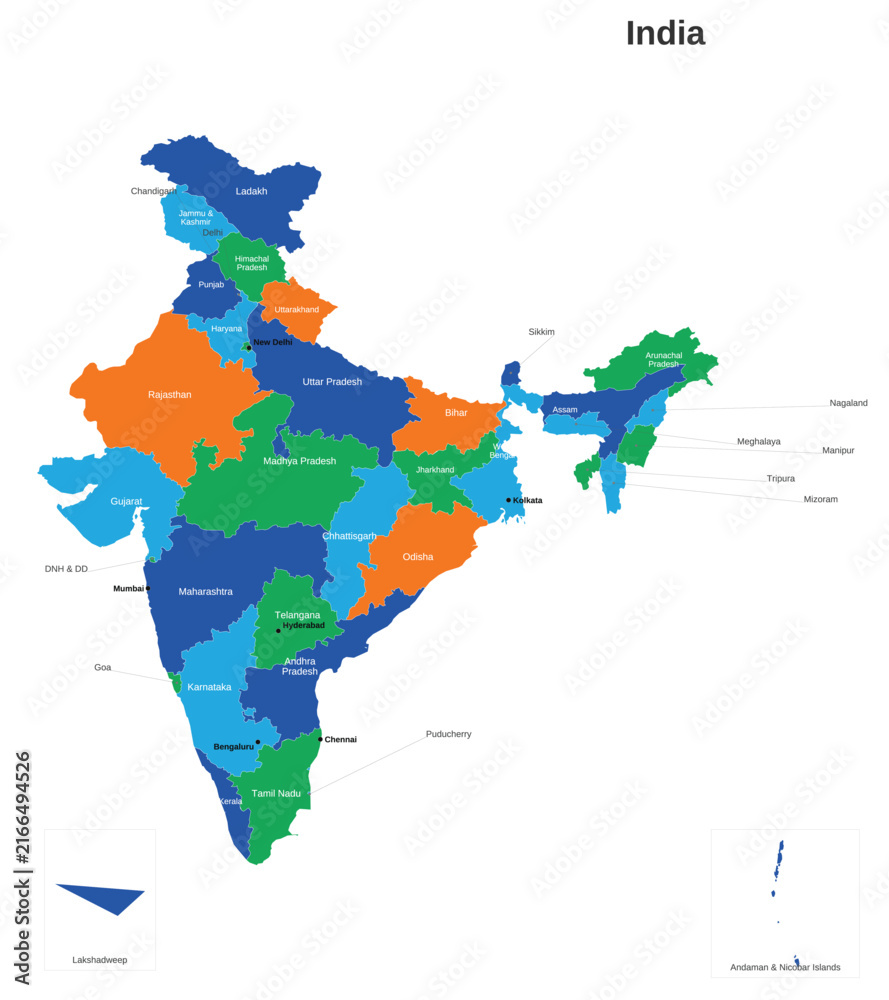 Obraz premium Colorful Political Map of India Showing States and Union Territories, Regional Boundaries, Geographic Distribution and Detailed National Cartography