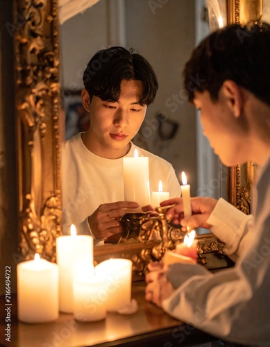 Young man holding a lit candle in front of an antique mirror with other candles reflecting