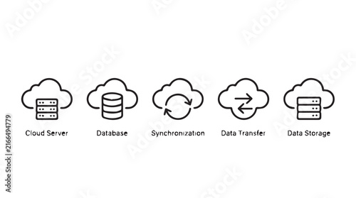 Cloud Computing Infrastructure Icons Depicting Server, Database, Synchronization and Data Transfer.
