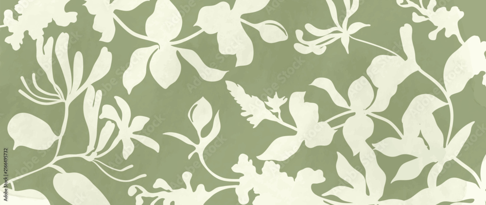 Obraz premium Elegant botanical floral background vector with cream flower and leaf silhouettes on soft sage green backdrop. Minimal nature design for wallpaper, fabric, textile, packaging and interior decor.