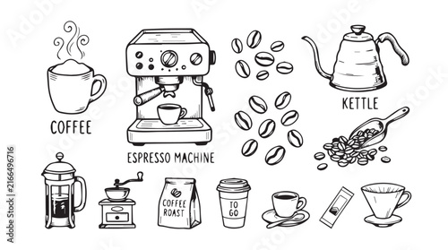 A playful collection of coffee gear and beverages including cups, beans, and espresso equipment.