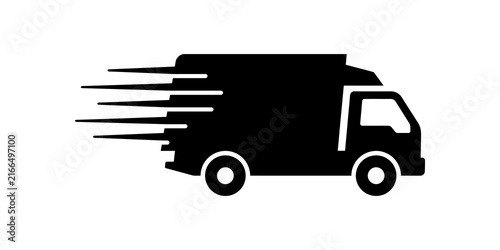 Obraz na plátně Delivery truck icon featuring fast speed motion blur lines black silhouette vehicle for logistics shipping transportation or express freight services on transparent