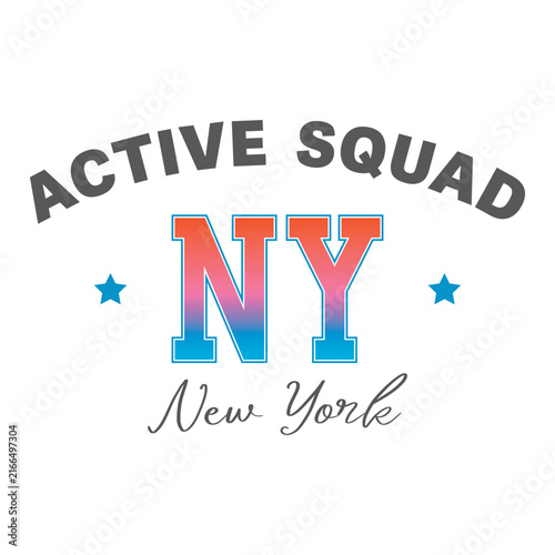 Y2K retro sport typography featuring Active Squad New York text. NY collegiate letters with a vibrant sunset gradient and stars. Perfect for streetwear apparel, t-shirt prints, and posters.