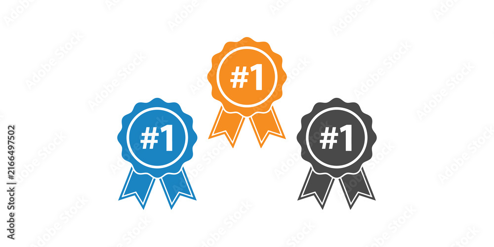 Fototapeta premium Three number one award ribbons in blue orange and dark gray colors for competition winner trophy achievement symbols and ranking success recognition graphic set.