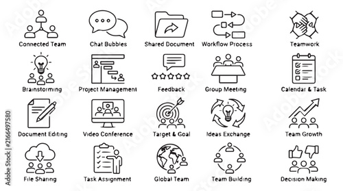Collection of line-style vector icons representing various business, technology, and everyday activities for graphic resources.