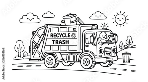 Adorable Garbage Truck Coloring Page For Kids Vector Illustration