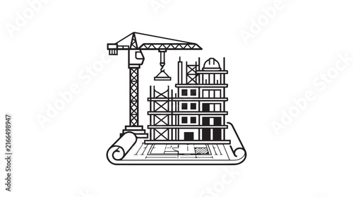 Construction site with a crane and partially built building illustration for architecture and industry context.