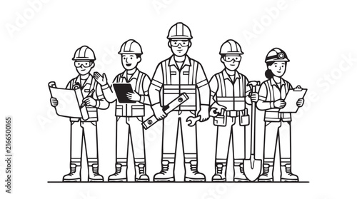 Group of construction workers in helmets holding blueprints and tools on-site.