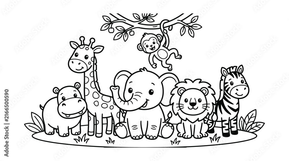 Fototapeta premium Cute Jungle Animal Friends Together Coloring Page For Kids Vector Illustration