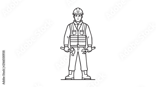 Line Art Illustration of a Construction Worker in Safety Gear.