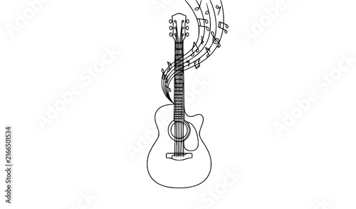 Modern acoustic guitar one line illustration with expressive flowing musical notes and elegant minimalist composition for music vector design