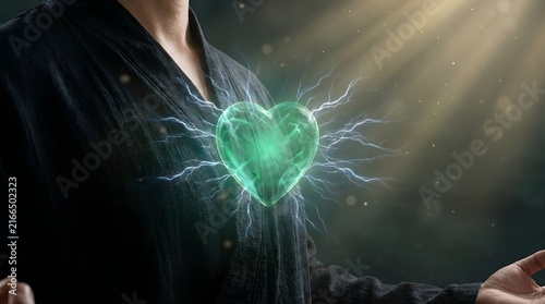 Person in dark clothing with glowing heart and lightning effects on chest