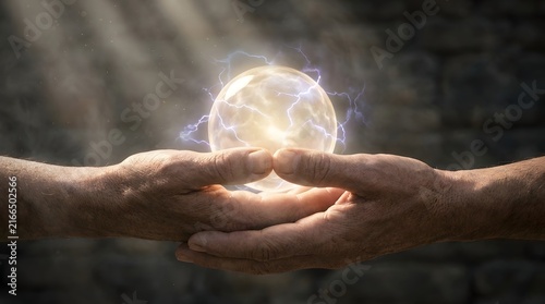 Hands Holding a Glowing Lightning Sphere with Electric Sparks in Nature Scene