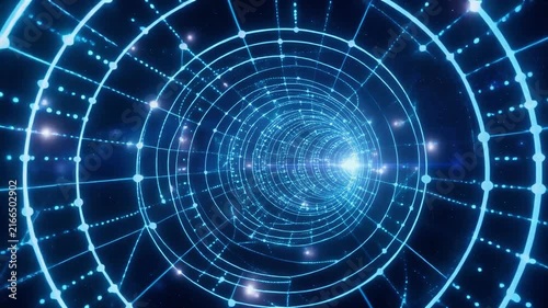 Futuristic glowing digital tunnel with blue light particles and abstract technology background