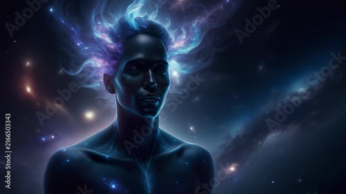 Futuristic cosmic person with glowing energy and galaxy background digital art