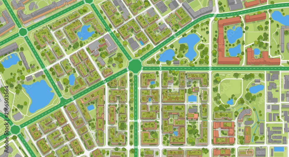 Fototapeta premium Top down city map vector illustration showing urban planning with residential blocks parks and roads