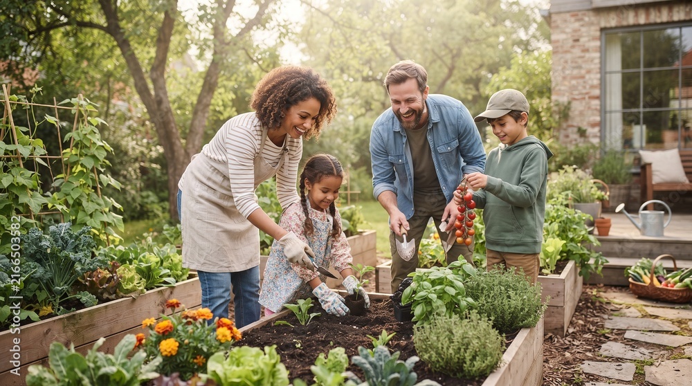 Fototapeta premium Happy multiethnic family gardening together in backyard raised beds with fresh vegetables and smiling.