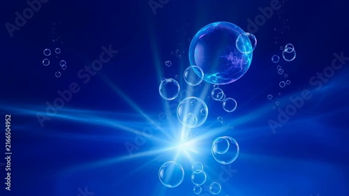 Blue underwater scene with glowing bubbles and radiant light beams in deep ocean water