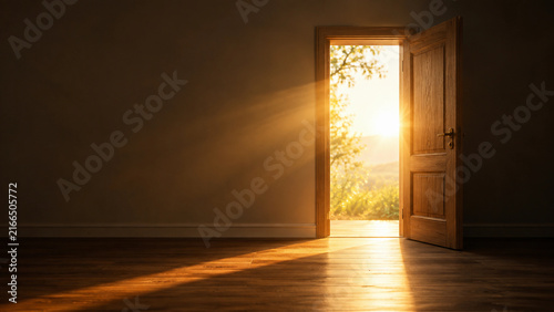 Open wooden door with golden sunlight rays streaming into dark empty room